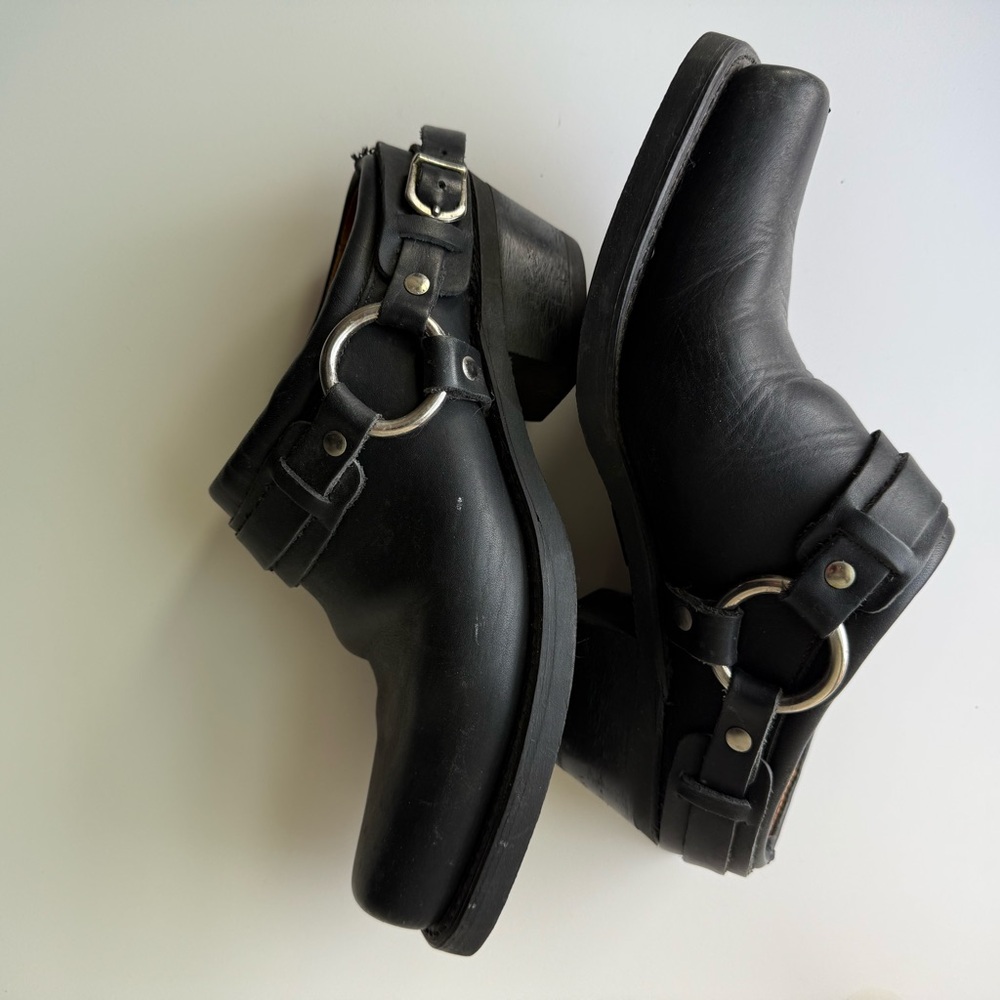 Frye Harness Mules 70760- Black Leather Mule with Silver Buckles Made in USA